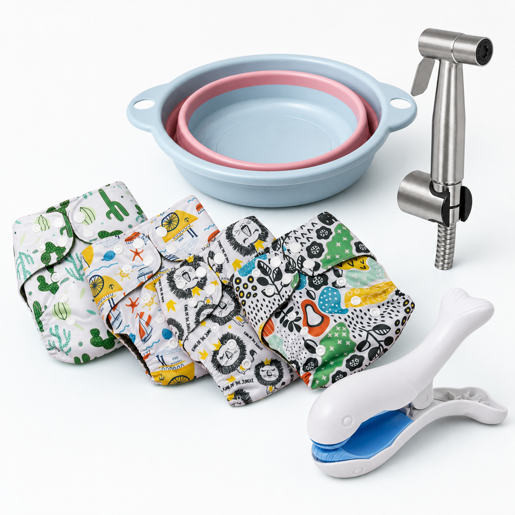 LuckeLadybug LLC Cleaning Kit including diaper cloths, a spray nozzle, and a washing bowl