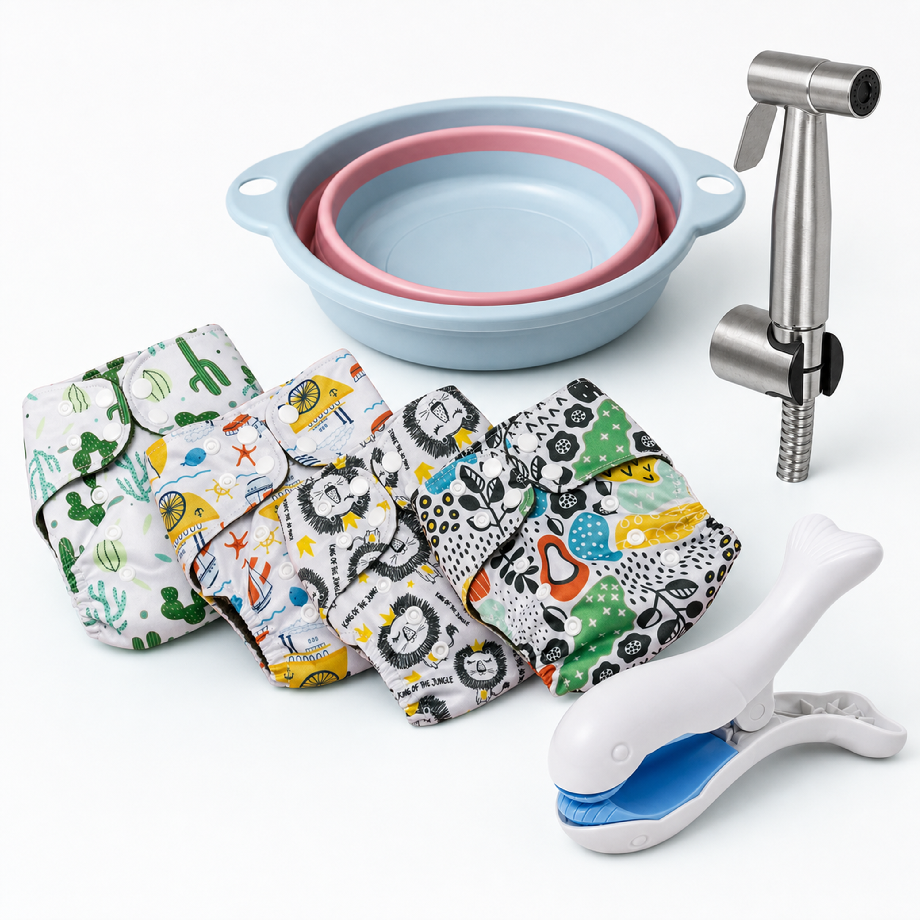 LuckeLadybug LLC Cleaning Kit including diaper cloths, a spray nozzle, and a washing bowl