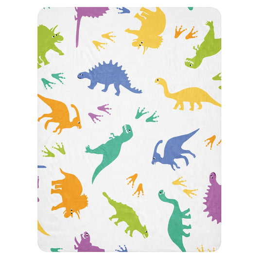 LuckeLadybug dinosaur sherpa blanket featuring colorful dinosaur prints on a soft white background