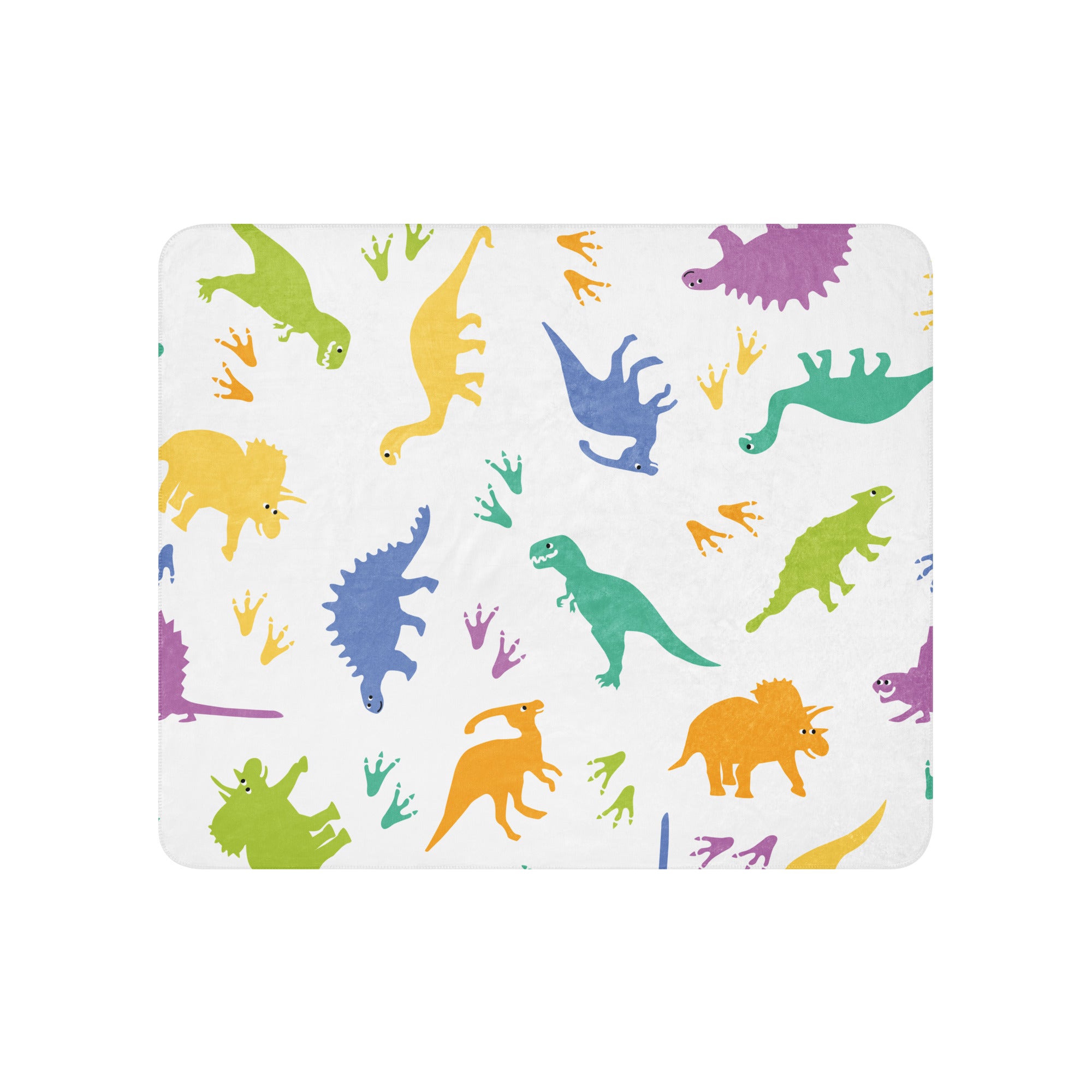 dinosaur sherpa blanket with colorful dinosaur patterns on white background