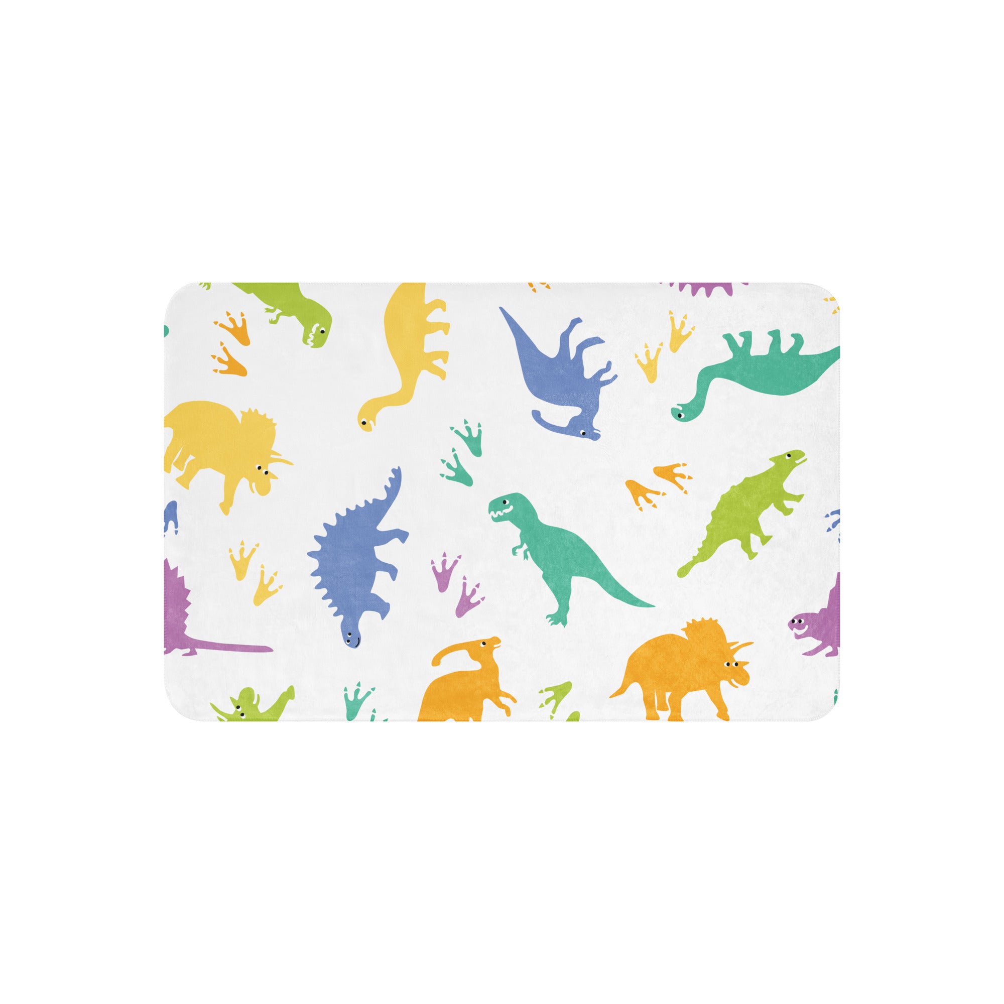 LuckeLadybug dinosaur sherpa blanket with colorful dinosaur patterns on white background