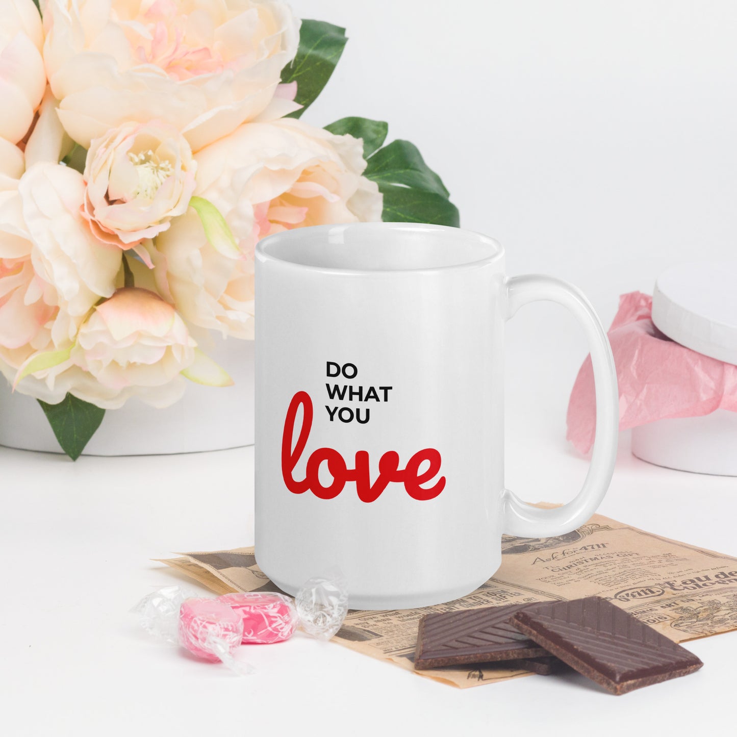 White LuckeLadybug do what you love coffee mug with red and black text on white background