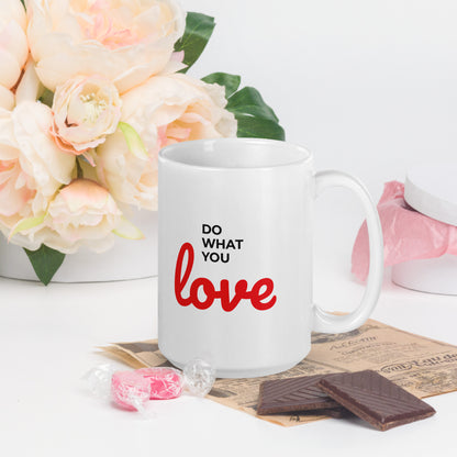 White LuckeLadybug do what you love coffee mug with red and black text on white background