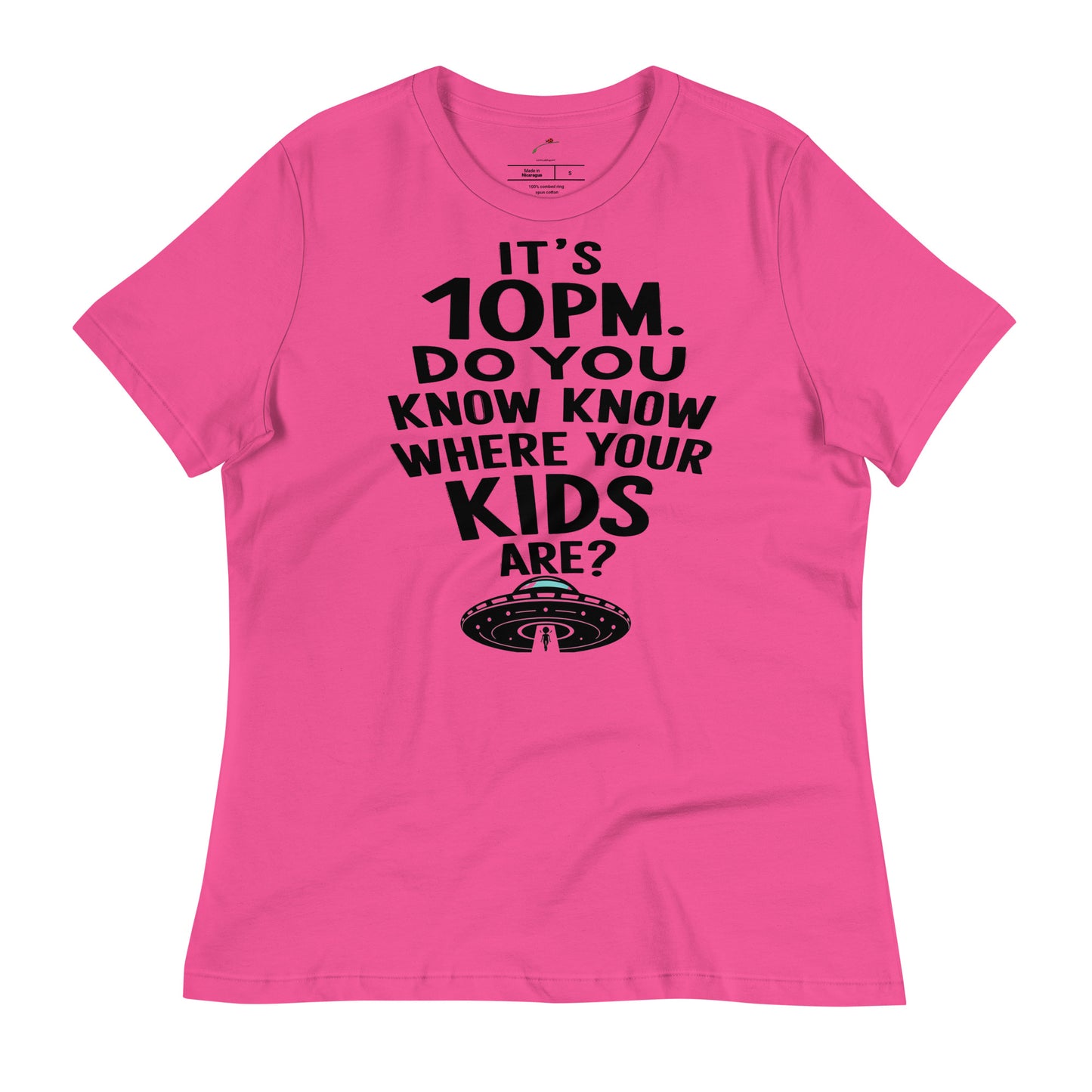 Pink LuckeLadybug t-shirt with black text reading Do you know where your kids are shirt with UFO graphic