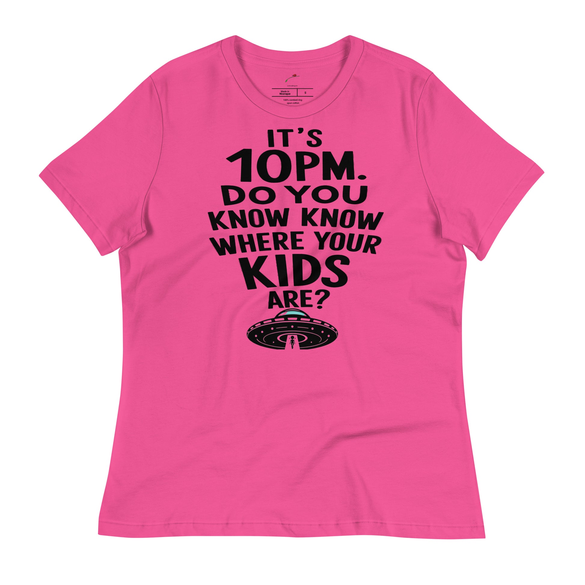Pink LuckeLadybug t-shirt with black text reading Do you know where your kids are shirt with UFO graphic
