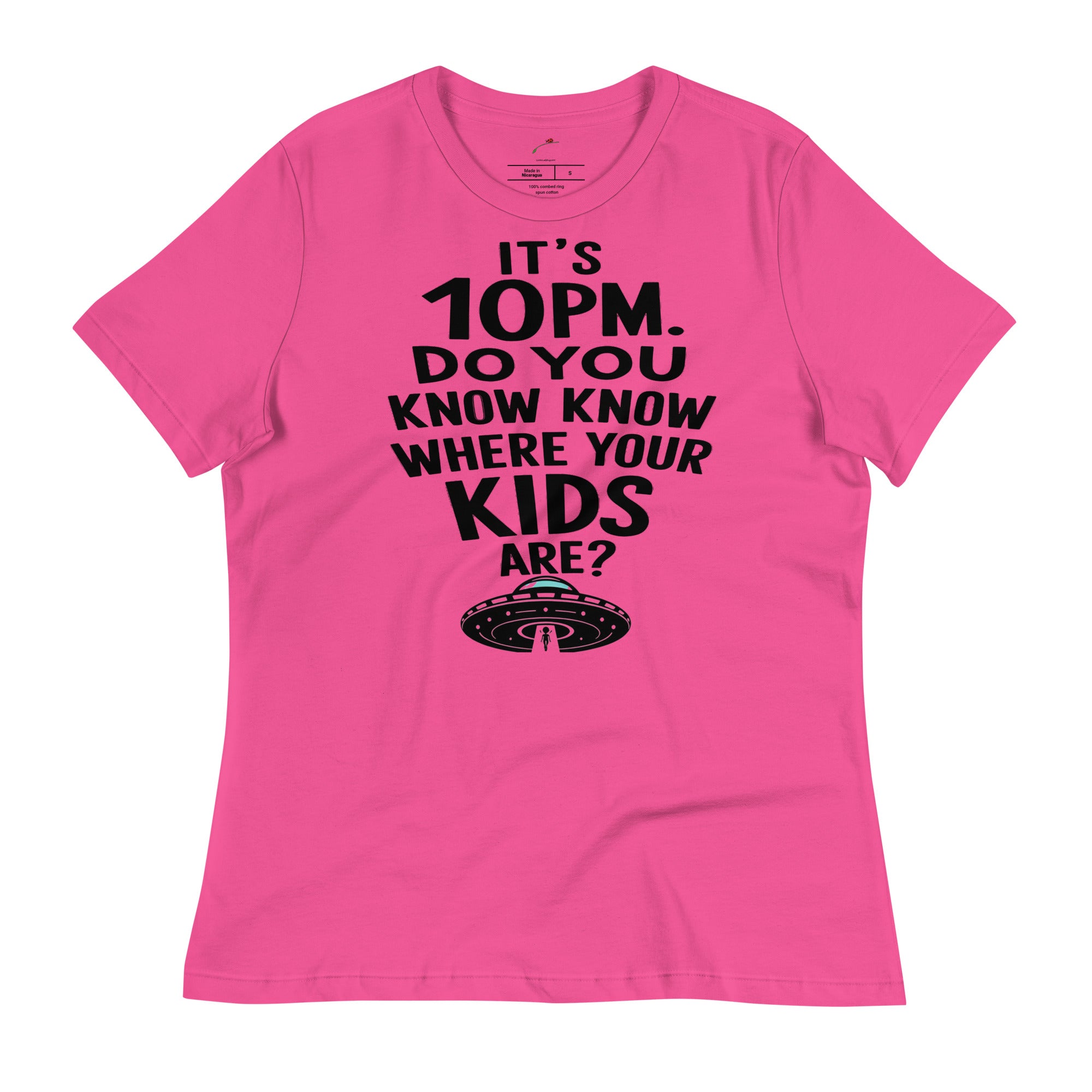 Pink LuckeLadybug t-shirt with black text reading Do you know where your kids are shirt with UFO graphic