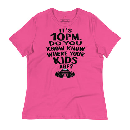 Pink LuckeLadybug t-shirt with black text reading Do you know where your kids are shirt with UFO graphic