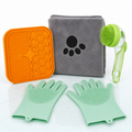 LuckeLadybug LLC Grooming Kit featuring gloves, bath pad, towel, and brush for dog bath services