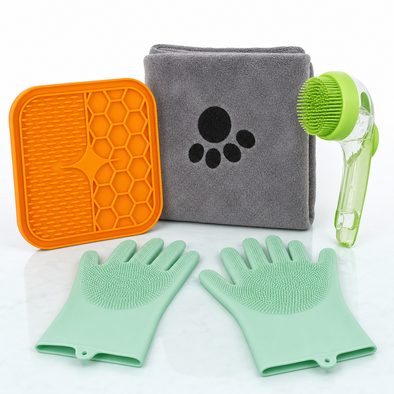 LuckeLadybug LLC Grooming Kit featuring gloves, bath pad, towel, and brush for dog bath services