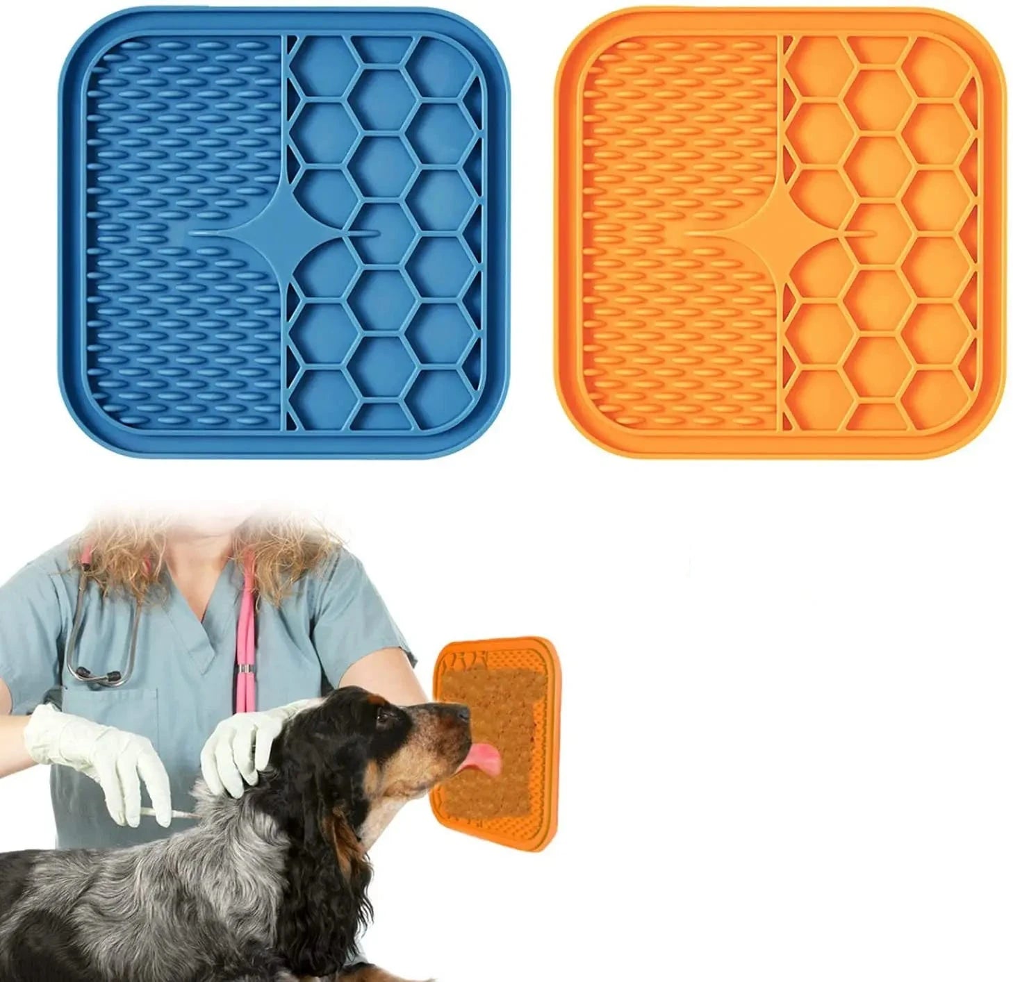 LuckeLadybug dog enrichment toy silicone pad set in blue and orange for interactive playtime