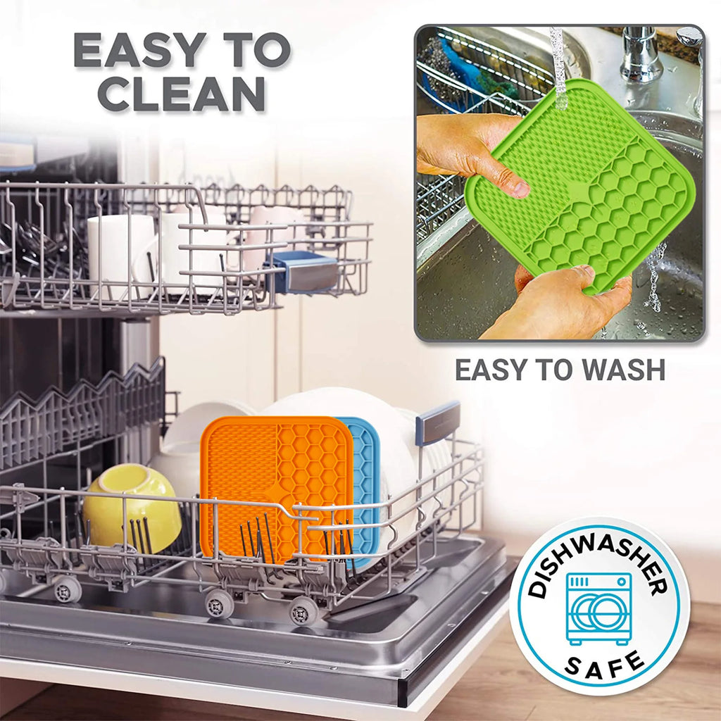 Colorful LuckeLadybug LLC dog enrichment toy mats in dishwasher for easy cleaning