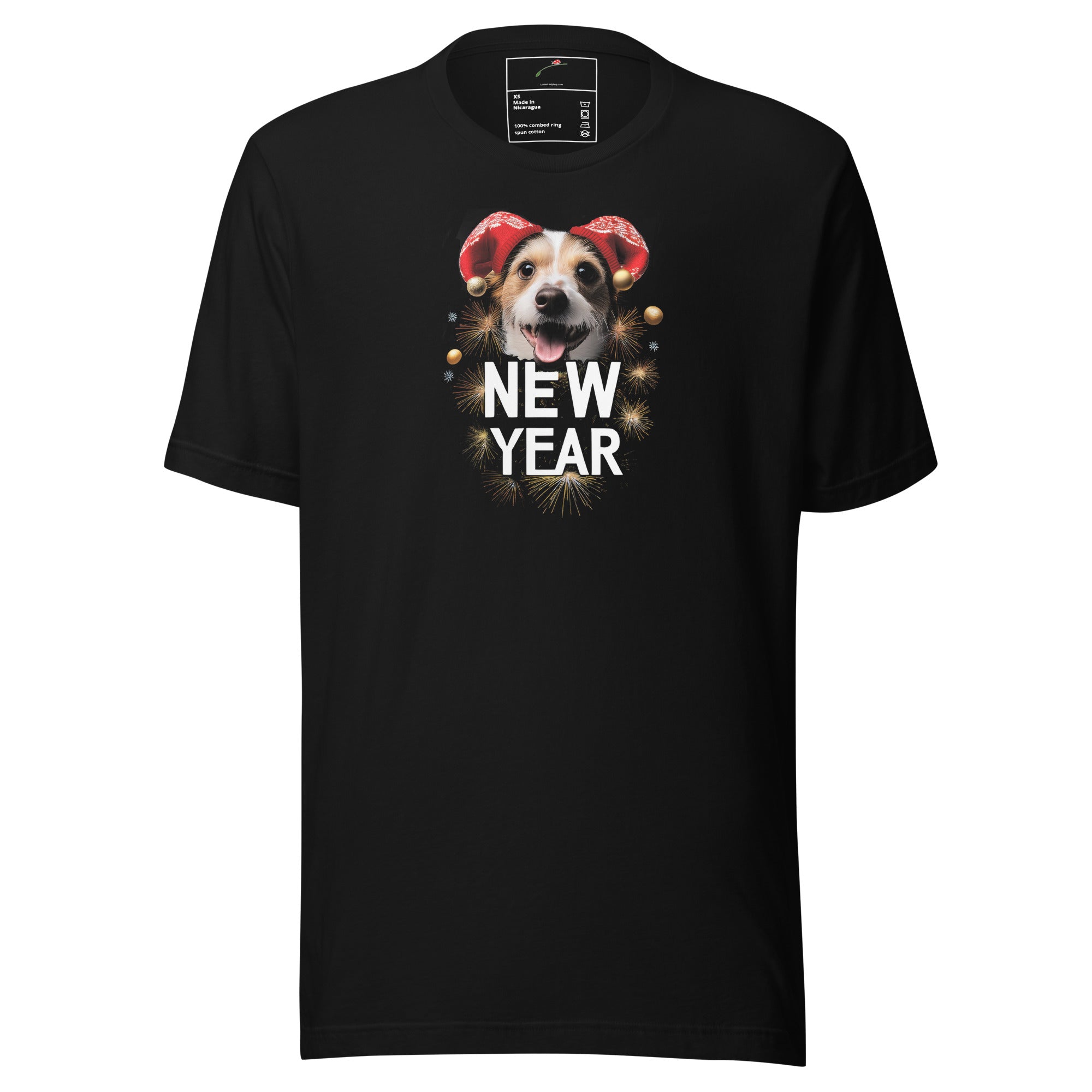 LuckeLadybug dog lover New Years shirt for men with a festive dog wearing red ear muffs on black tee