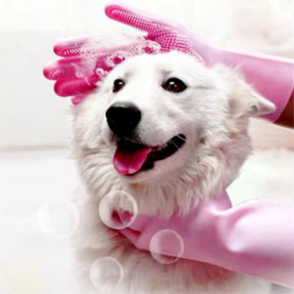 LuckeLadybug LLC pink pet grooming gloves for dog pet grooming near me, perfect for washing and massaging pets