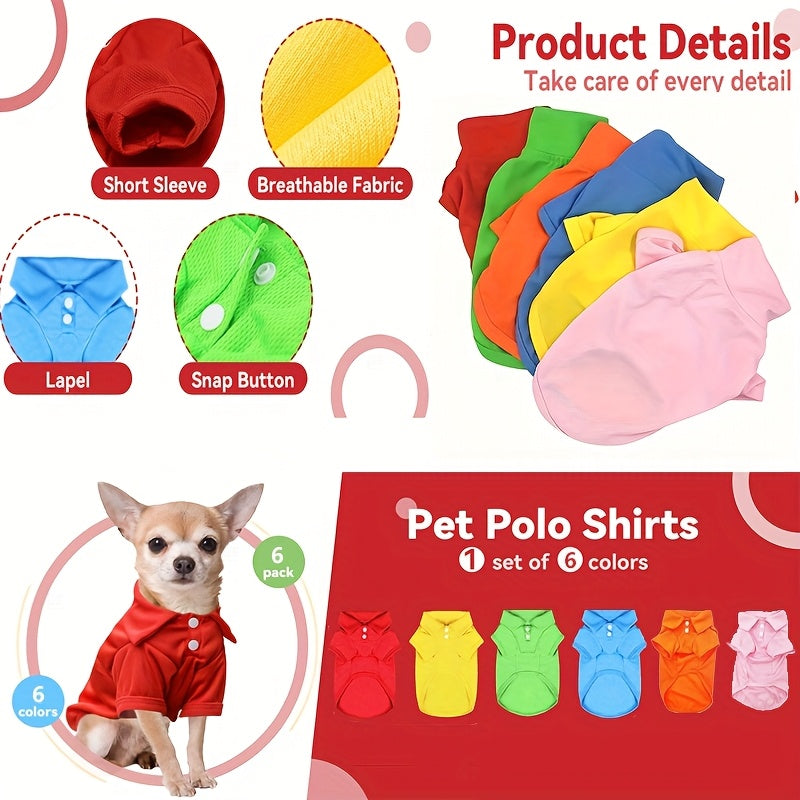 Colorful dog polo shirts for small dogs in a pack, featuring short sleeves and snap buttons