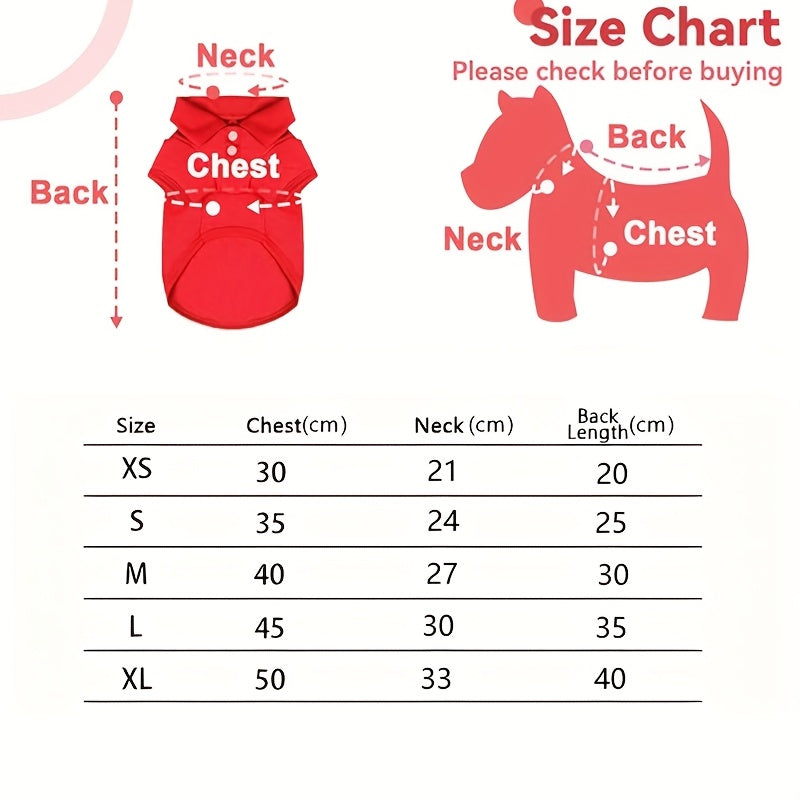 Size chart for LuckeLadybug dog polo shirts for small dogs with measurements for XS to XL
