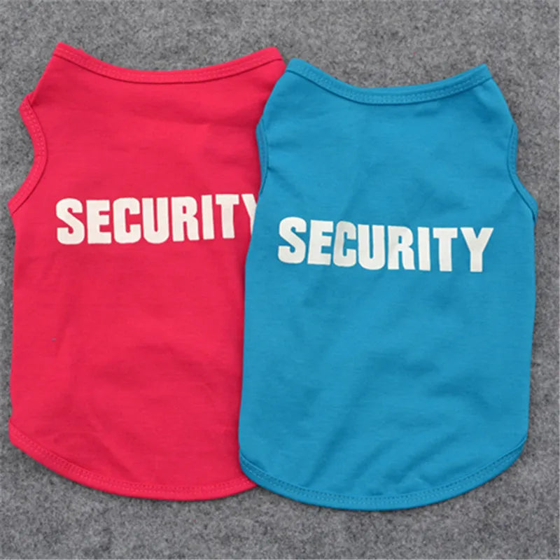 LuckeLadybug dog thunderstorm vest in red and blue with SECURITY print on both shirts