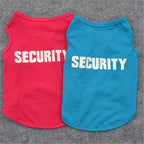 LuckeLadybug dog thunderstorm vest in red and blue with SECURITY print on both shirts