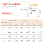 Measuring guide for sizing a dog thunderstorm vest with back length, chest, and neck dimensions