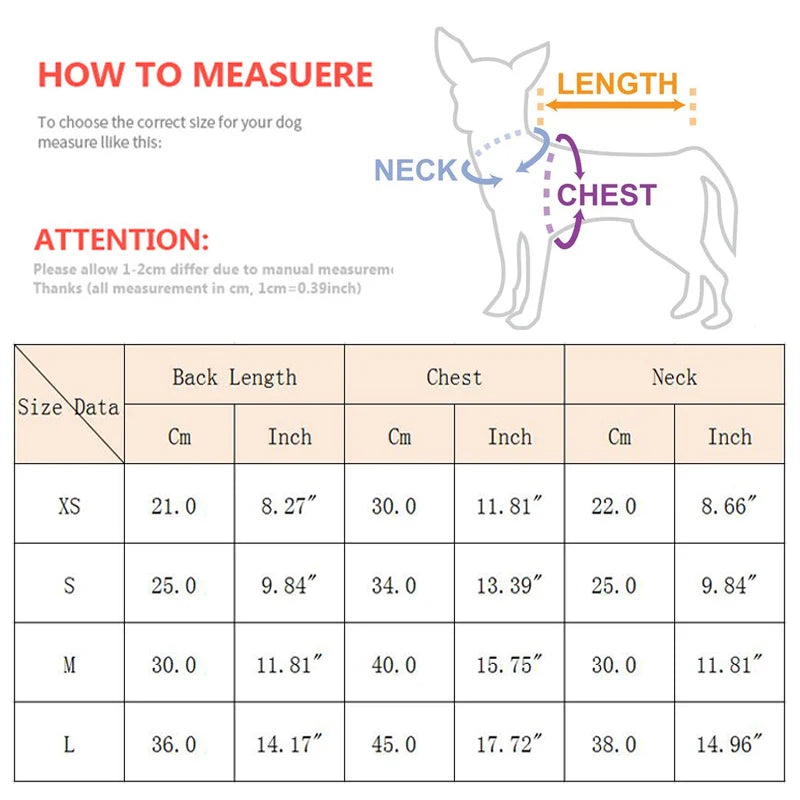 Measuring guide for sizing a dog thunderstorm vest with back length, chest, and neck dimensions