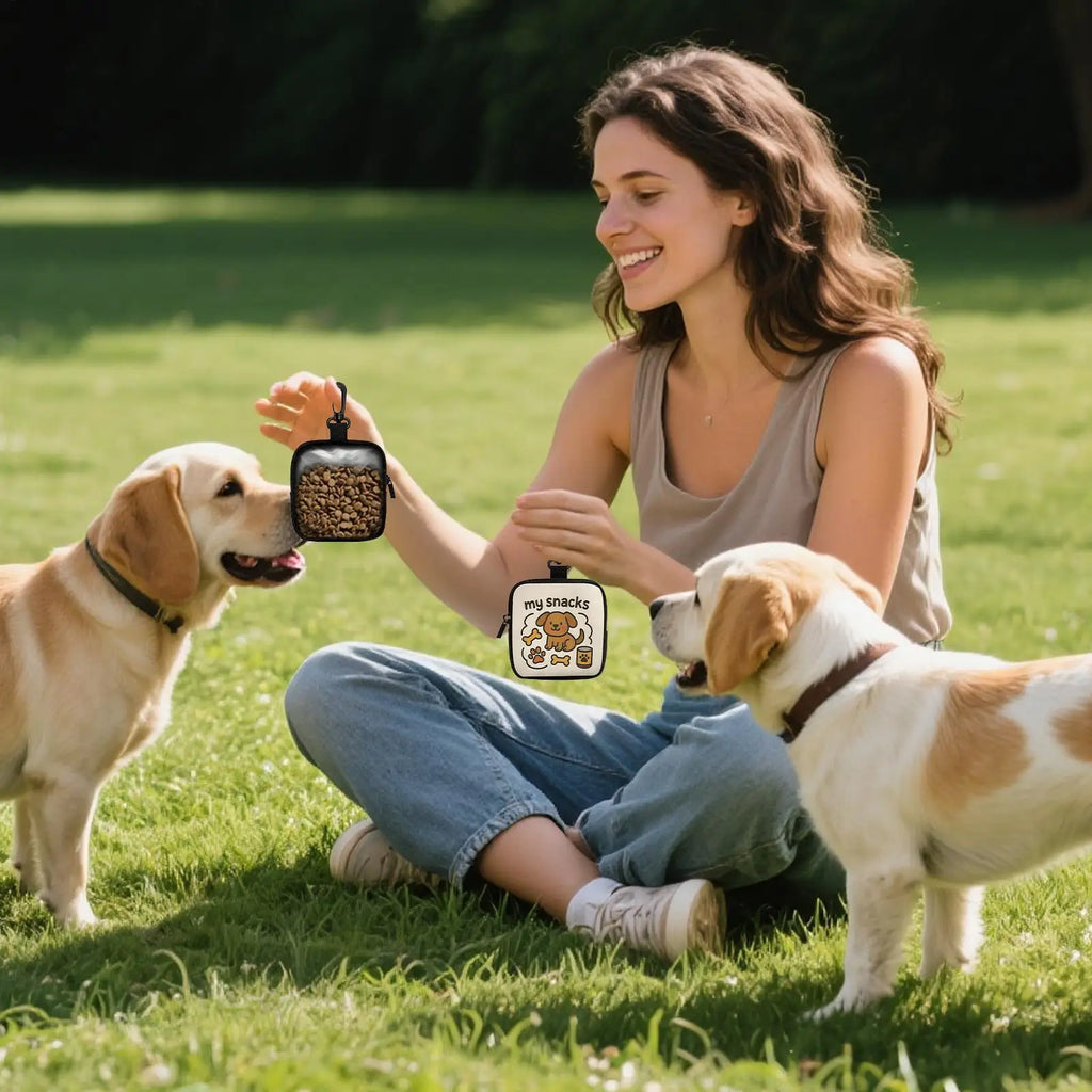 LuckeLadybug dog treat pouch held by a woman training two playful dogs in a sunny park