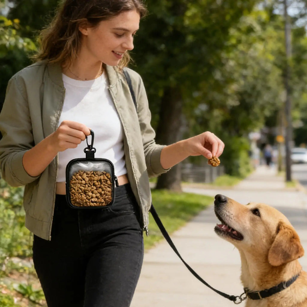 LuckeLadybug dog treat pouch shown with a woman feeding her dog on a sunny sidewalk