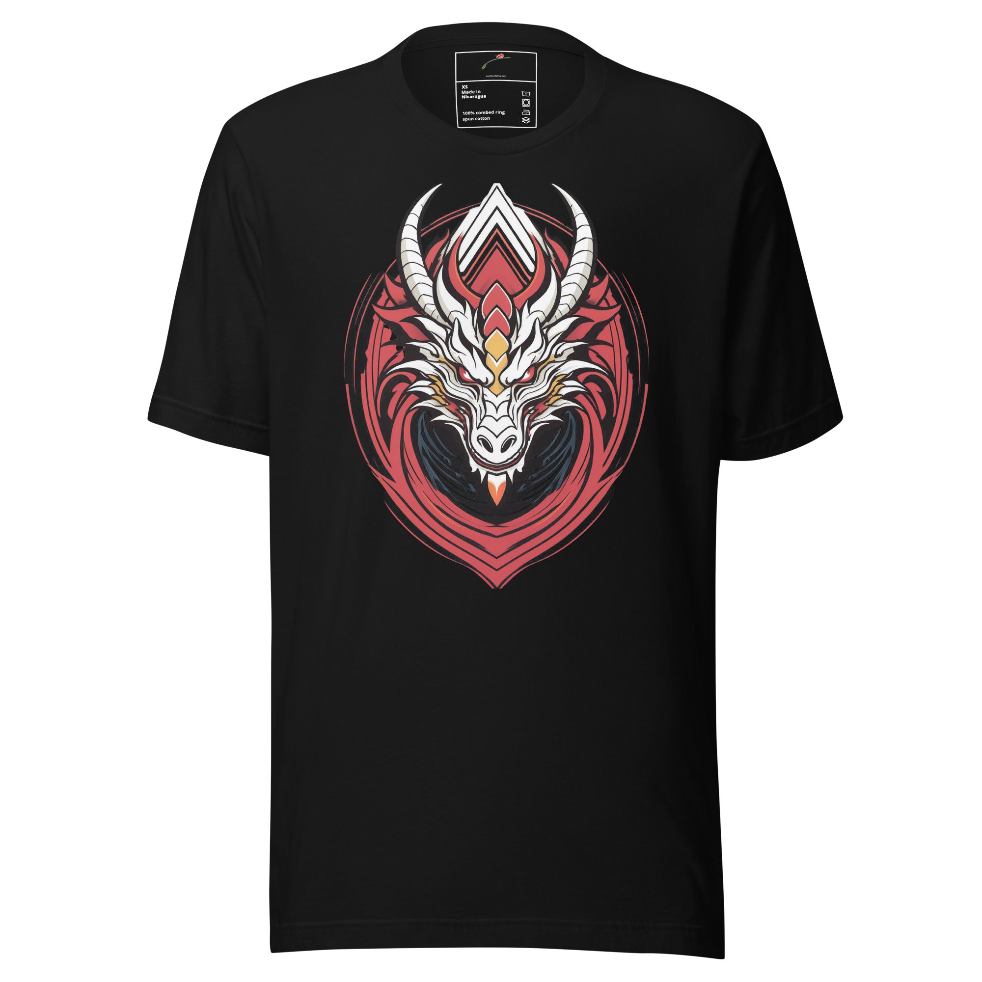 LuckeLadybug black dragon t-shirt for men featuring a detailed white and red dragon head graphic