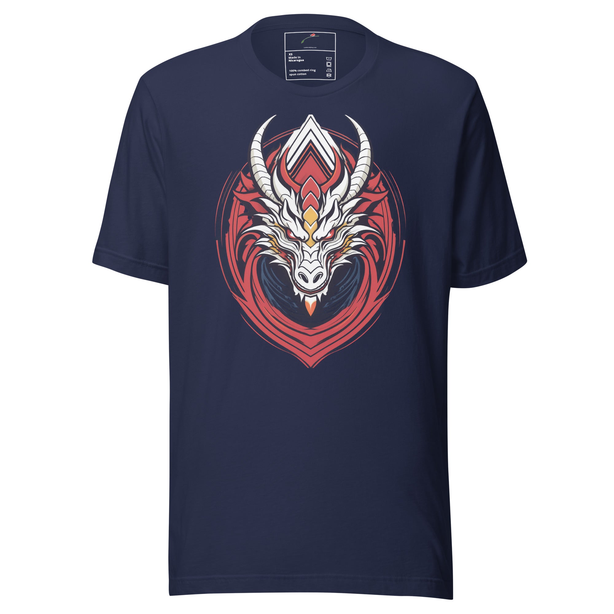 Navy blue dragon t-shirt for men featuring a detailed white and red dragon head graphic