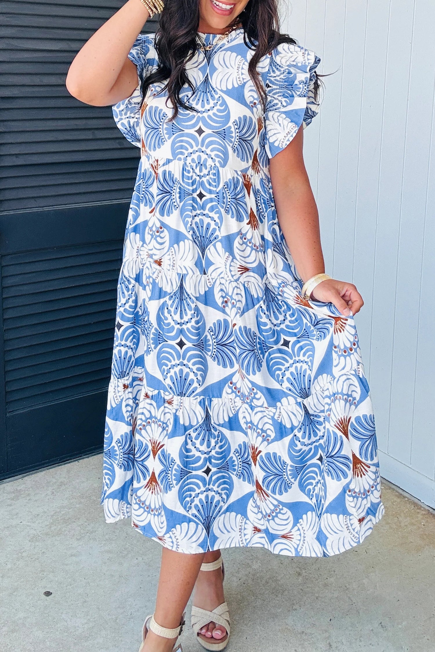 LuckeLadybug LLC Fit & Flare Dress for Vacation with Ruffled Sleeves and Floral Print