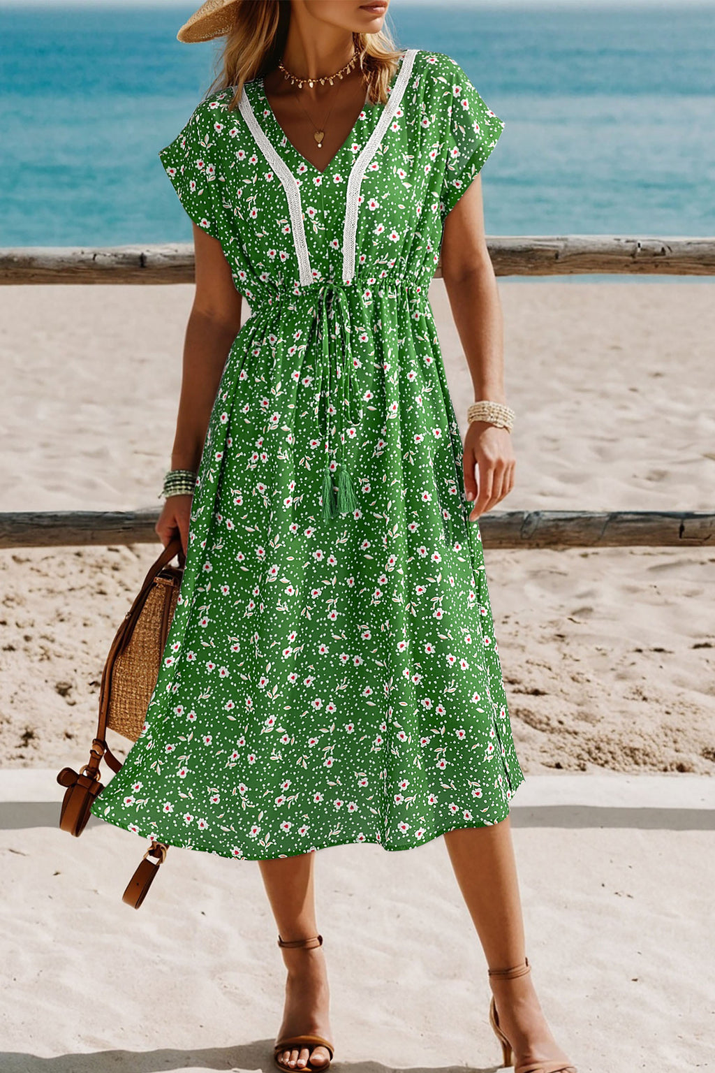 Green floral LuckeLadybug LLC fit and flare dress for vacation with v-neck and adjustable waist