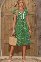 LuckeLadybug LLC Fit & Flare Green Dress for Vacation with Floral Print and Adjustable Drawstring Waist