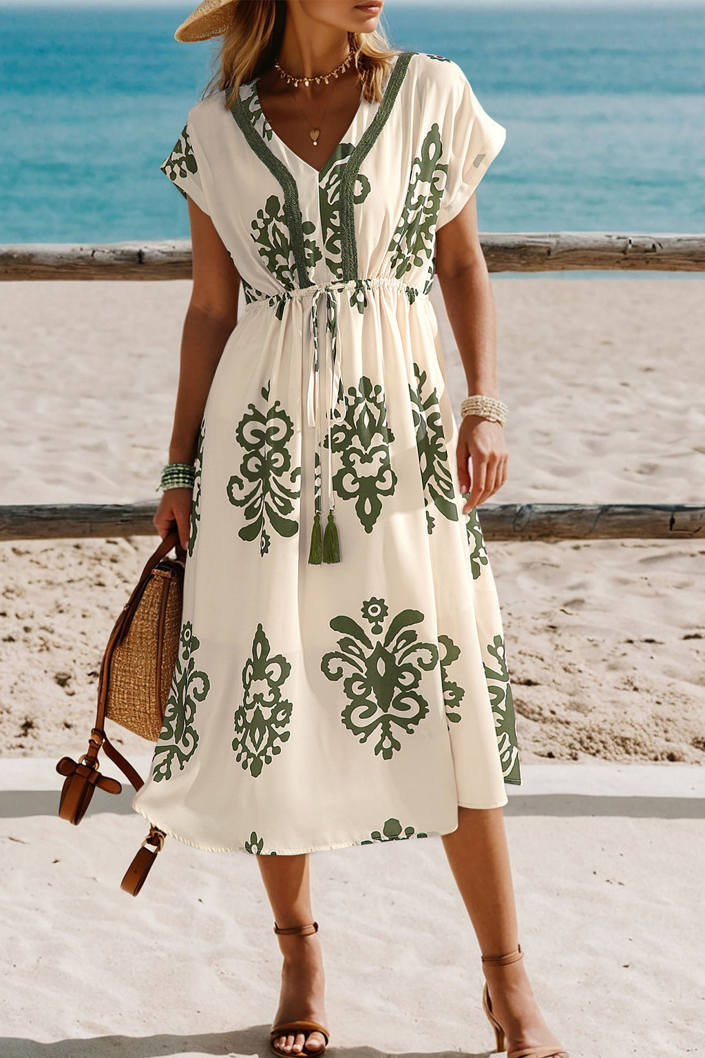 LuckeLadybug LLC Fit & Flare dress for vacation with green floral patterns and a cinched waist