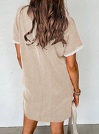 Beige striped dress from t-shirt style with short sleeves and relaxed fit for casual wear