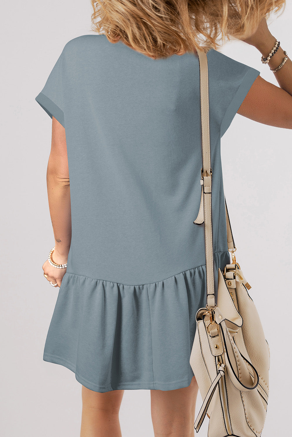 Soft blue dress from t-shirt with short sleeves and flared hem for casual wear