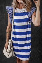 LuckeLadybug LLC Striped Dress from T-Shirt with Ruffled Sleeves in Blue and White
