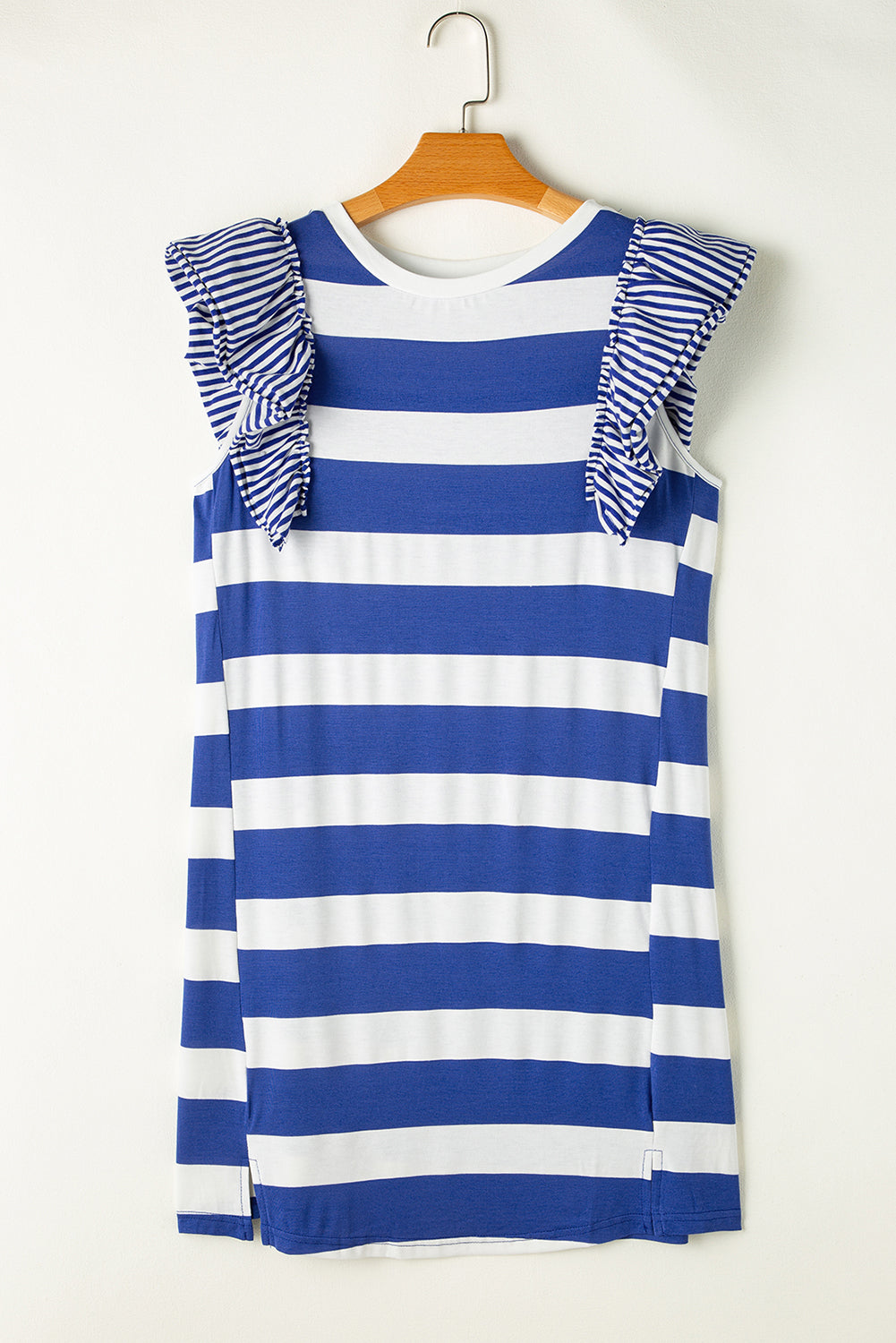 LuckeLadybug LLC Blue and White Striped Dress from T-Shirt with Ruffled Sleeves