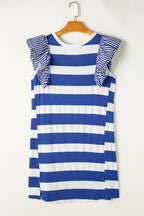 LuckeLadybug LLC Blue and White Striped Dress from T-Shirt with Ruffled Sleeves