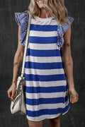 Blue and white striped dress from t-shirt with ruffled sleeves and casual design