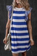 Blue and white striped dress from t-shirt with ruffled sleeves and casual design