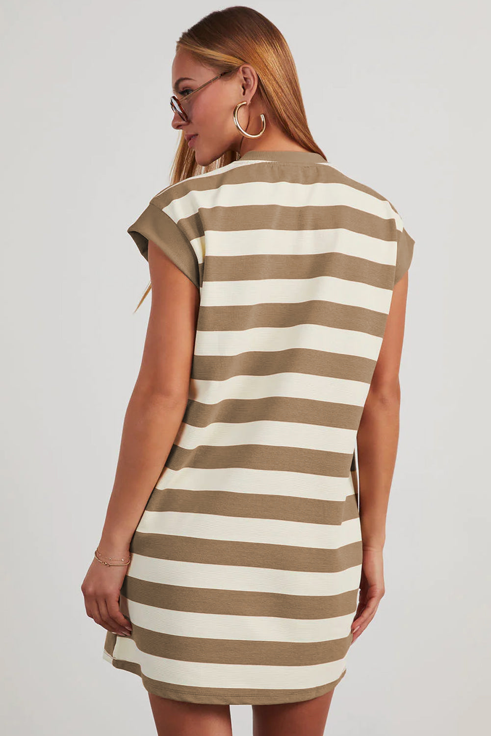 Brown and beige striped T-shirt dress from LuckeLadybug LLC with short sleeves and relaxed fit