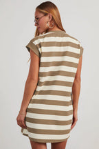 Brown and beige striped T-shirt dress from LuckeLadybug LLC with short sleeves and relaxed fit