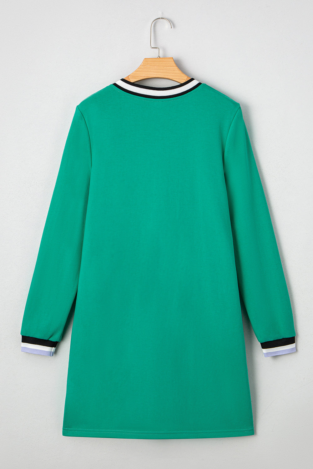 Green Long Sleeve T-Shirt Dress from LuckeLadybug LLC with Contrast Stripes and Comfortable Fit