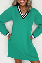 Green LuckeLadybug LLC t-shirt dress with long sleeves and V-neck design