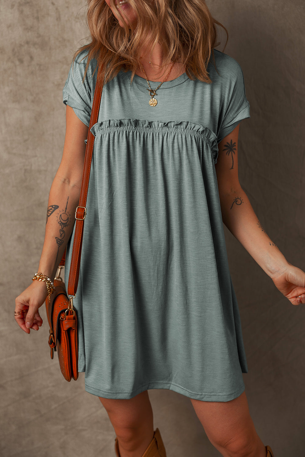 LuckeLadybug LLC dress from t-shirt in soft blue with relaxed fit and ruffled detail