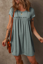 LuckeLadybug LLC dress from t-shirt in soft blue with relaxed fit and ruffled detail