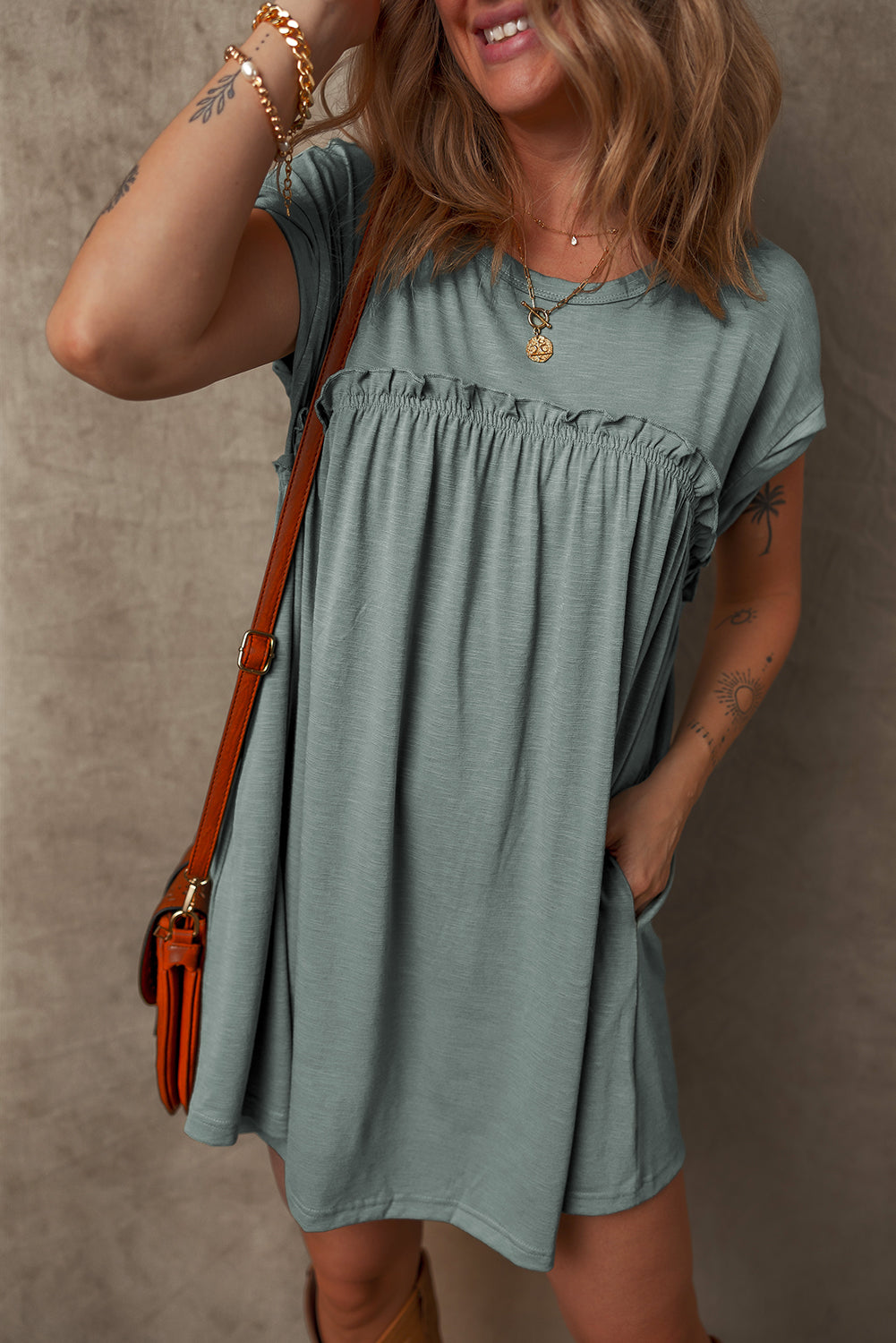 LuckeLadybug LLC dress from t-shirt in teal with ruffled detail and short sleeves