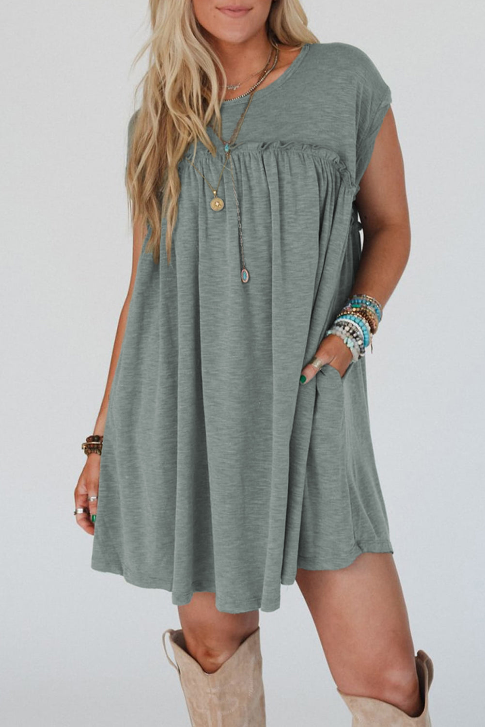 LuckeLadybug LLC green dress from t-shirt with short sleeves and side pockets for a casual look