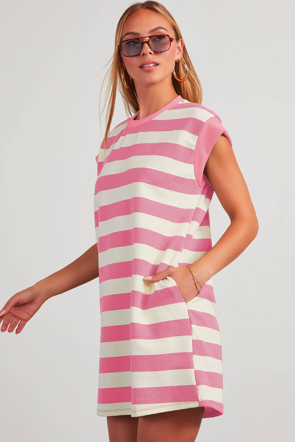 Pink and white striped dress from t-shirt by LuckeLadybug LLC with short sleeves and side pockets