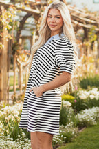 Stylish white and black striped dress from t-shirt with side pockets for casual wear