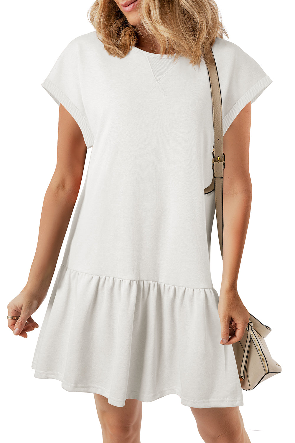 LuckeLadybug casual white dress from t-shirt style with flared hem for effortless summer wear