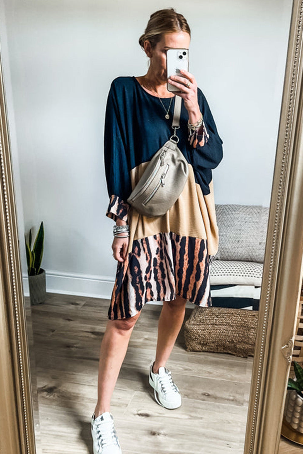 LuckeLadybug LLC Mini Dress with Color Block Design in Earthy Tones and Loose Fit